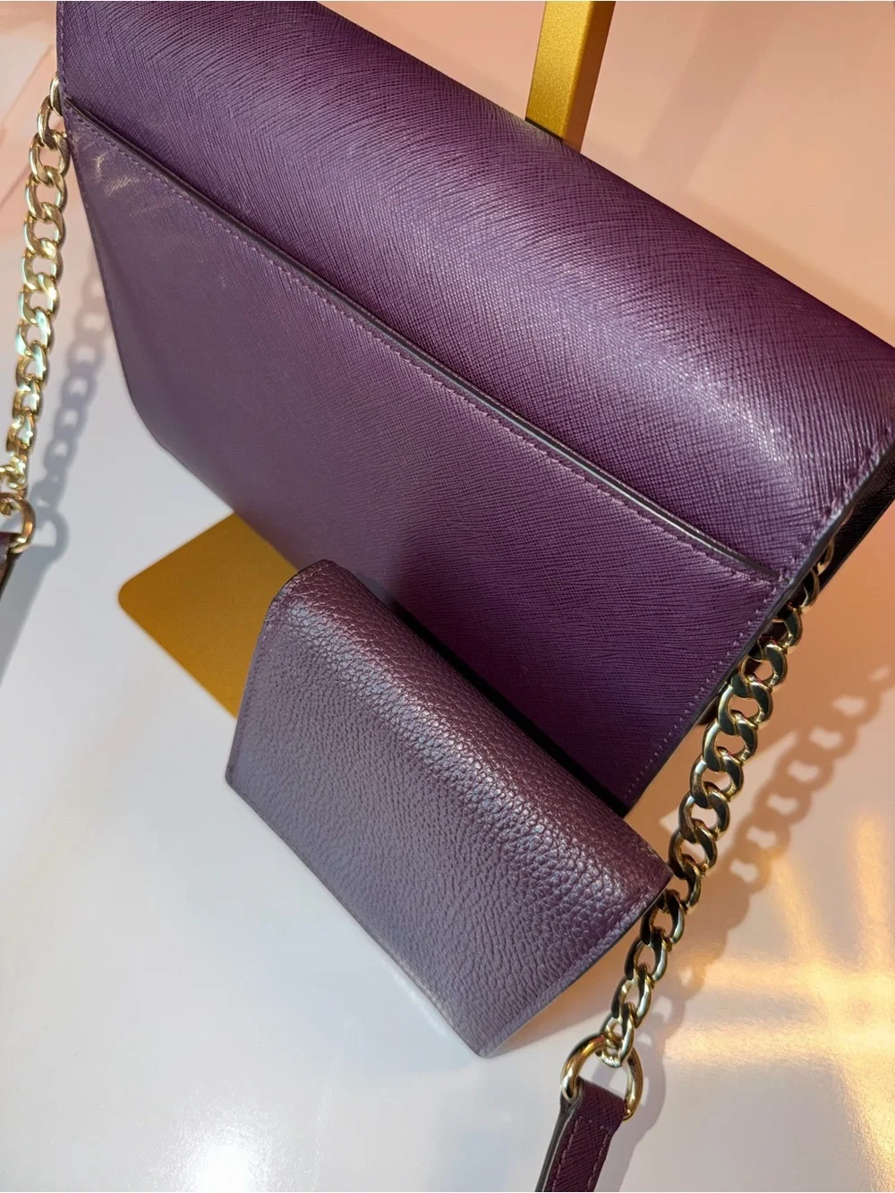 Michael Kors Plum Leather Shoulder Bag with Matching Wallet crossbody gold chain